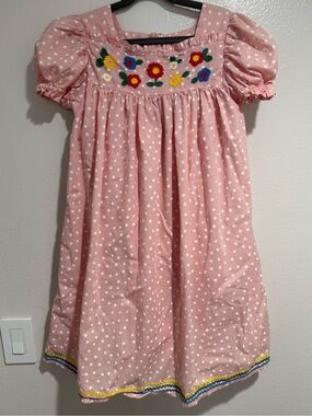 Mini Boden Pink Polka Dot Dress with Multicolor Floral Yoke